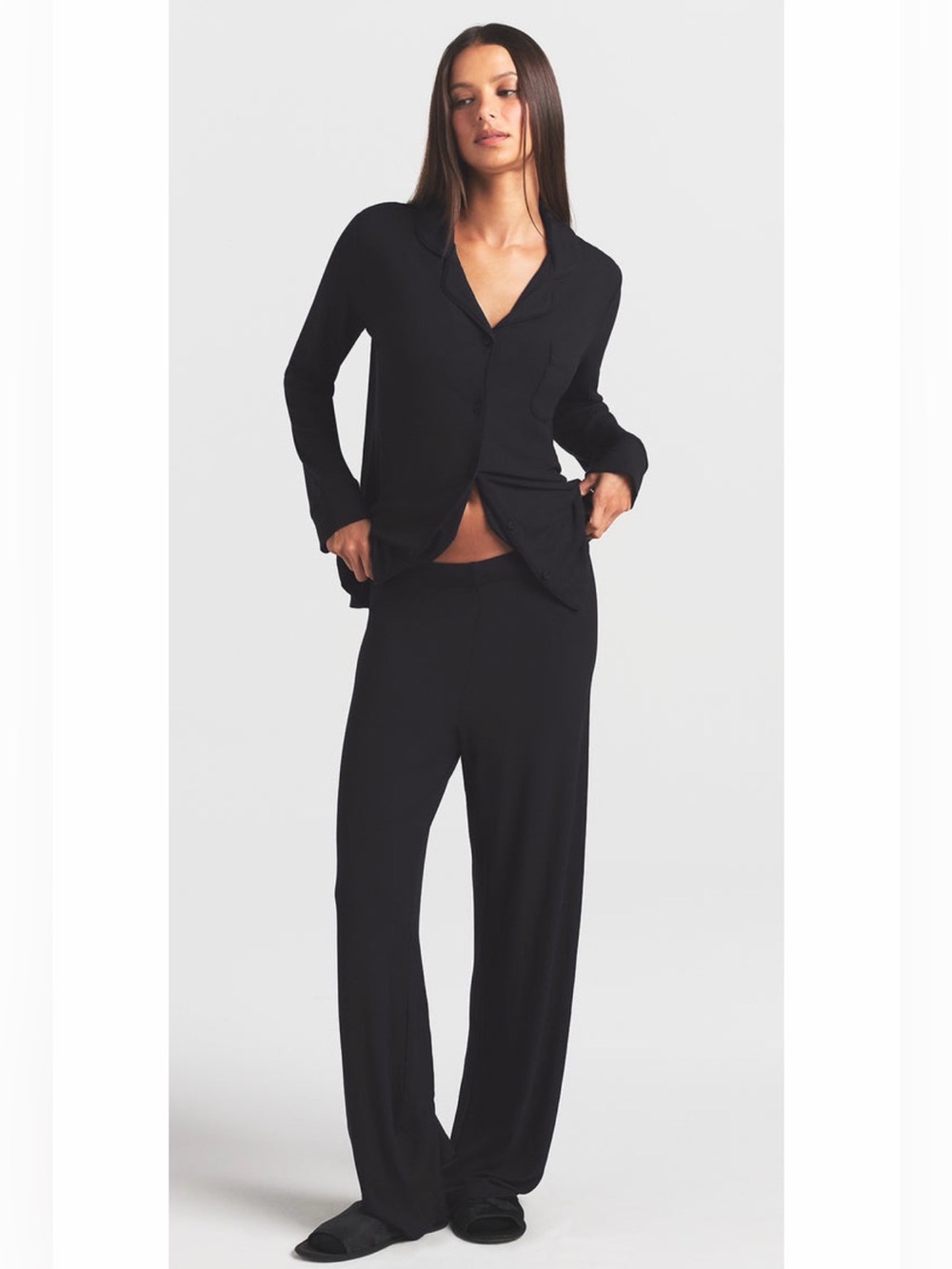 SKIMS Soft Lounge Sleep Set Onyx Black Ribbed Modal Pajama Set 2 Pc Size M